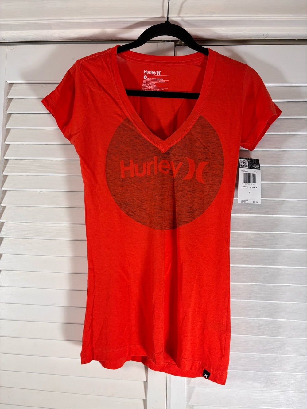Hurley Graphic V Neck T Shirt Orange Red Logo Tee Size Small New